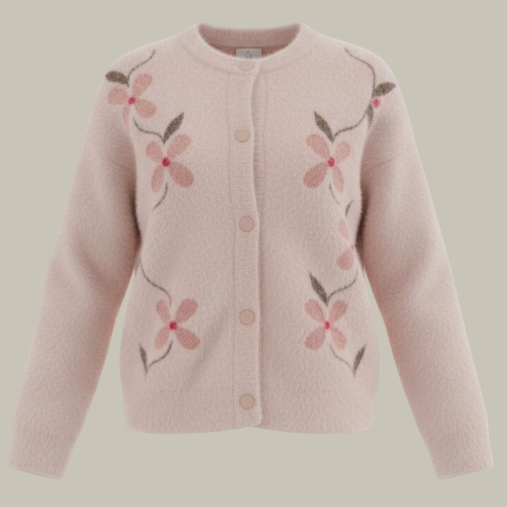 Joie Womens Floral Intarsia Fuzzy Knit Snap Front Cardigan Pink XS RN 75343